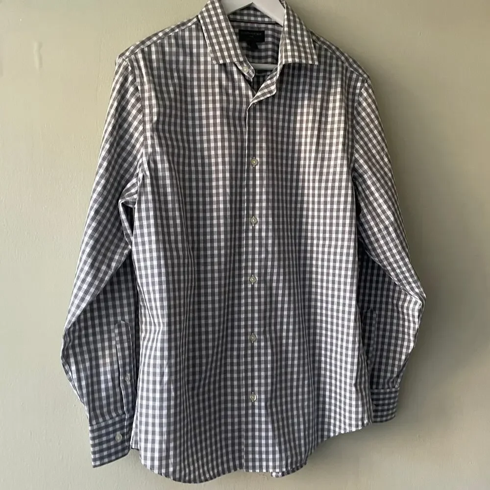 Banana Republic Gray White Plaid & Red No Iron Pinpoint Slim Fit L/S Shirt - L